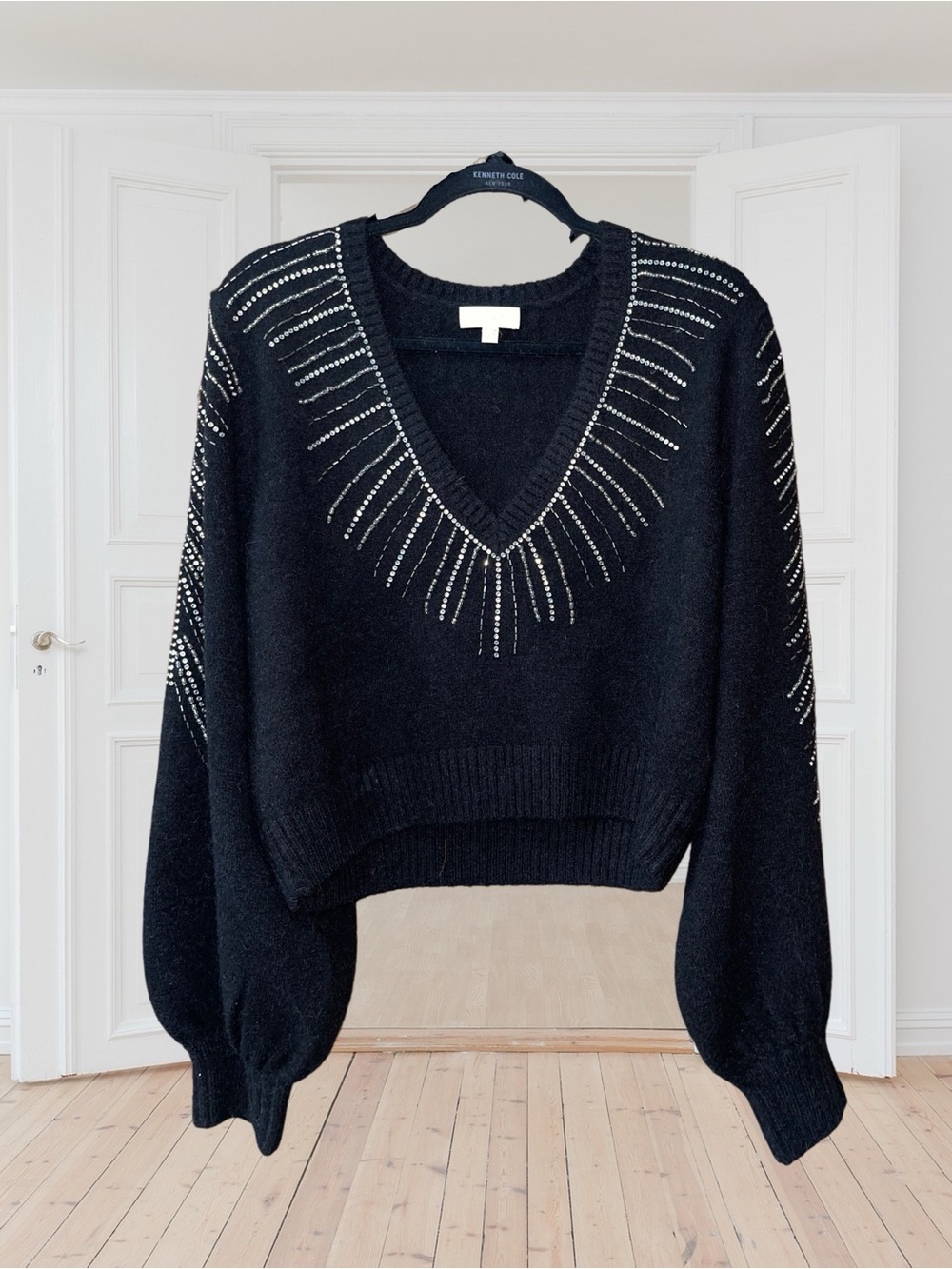 #14 Ronny Kobo Black Crystal-Detail V-Neck Pullover, Size Large